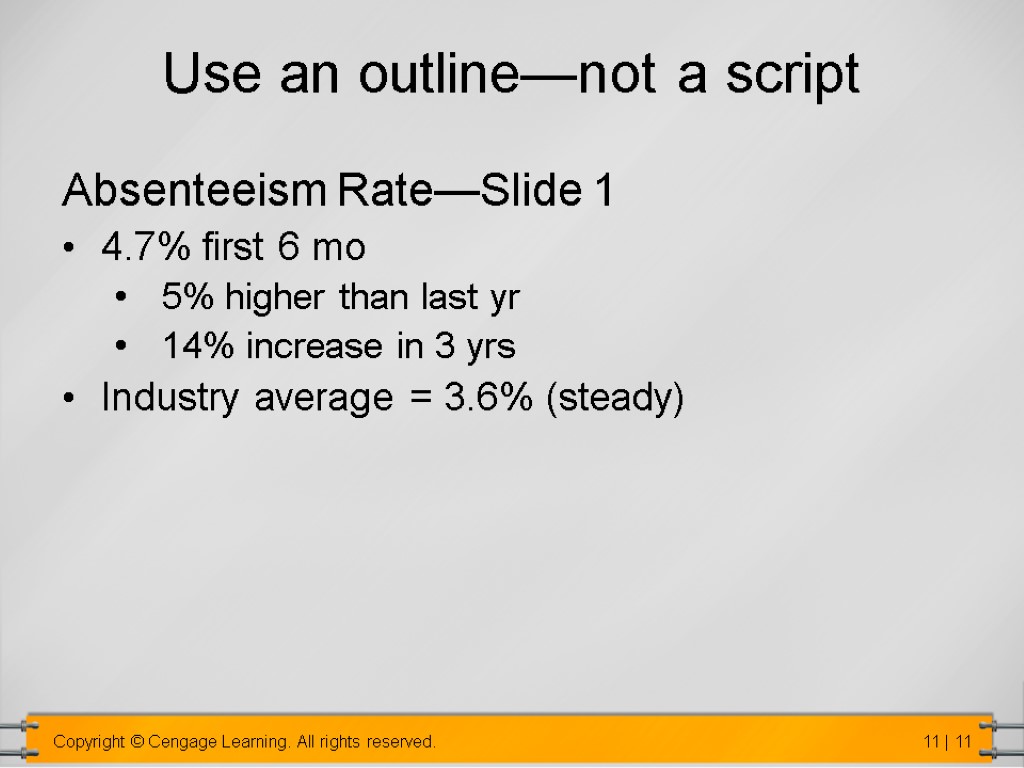 Use an outline—not a script Absenteeism Rate—Slide 1 4.7% first 6 mo 5% higher